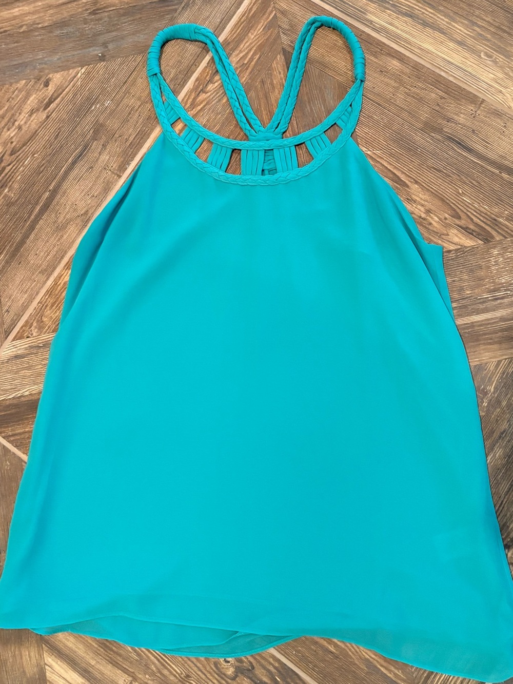 Naked Zebra Turquoise Sleeveless Blouse with Braided Neckline
